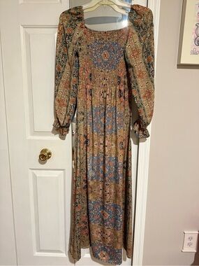 Boho Smocked Maxi Dress in Rust and Blue